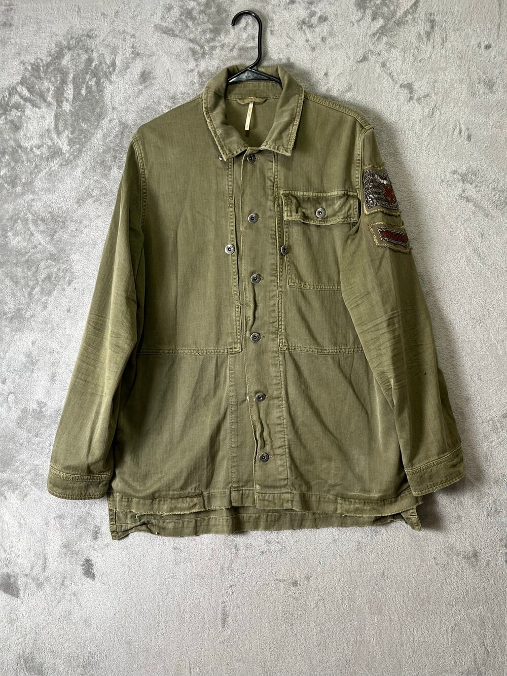 Free People Embellished Military Shirt Jacket Olive Green Embroidered Patch S